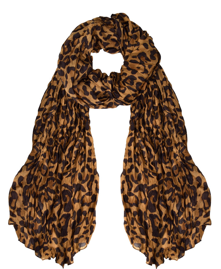 Trendy women's leopard animal print crinkle scarf wrap in brown for versatile styling across all seasons