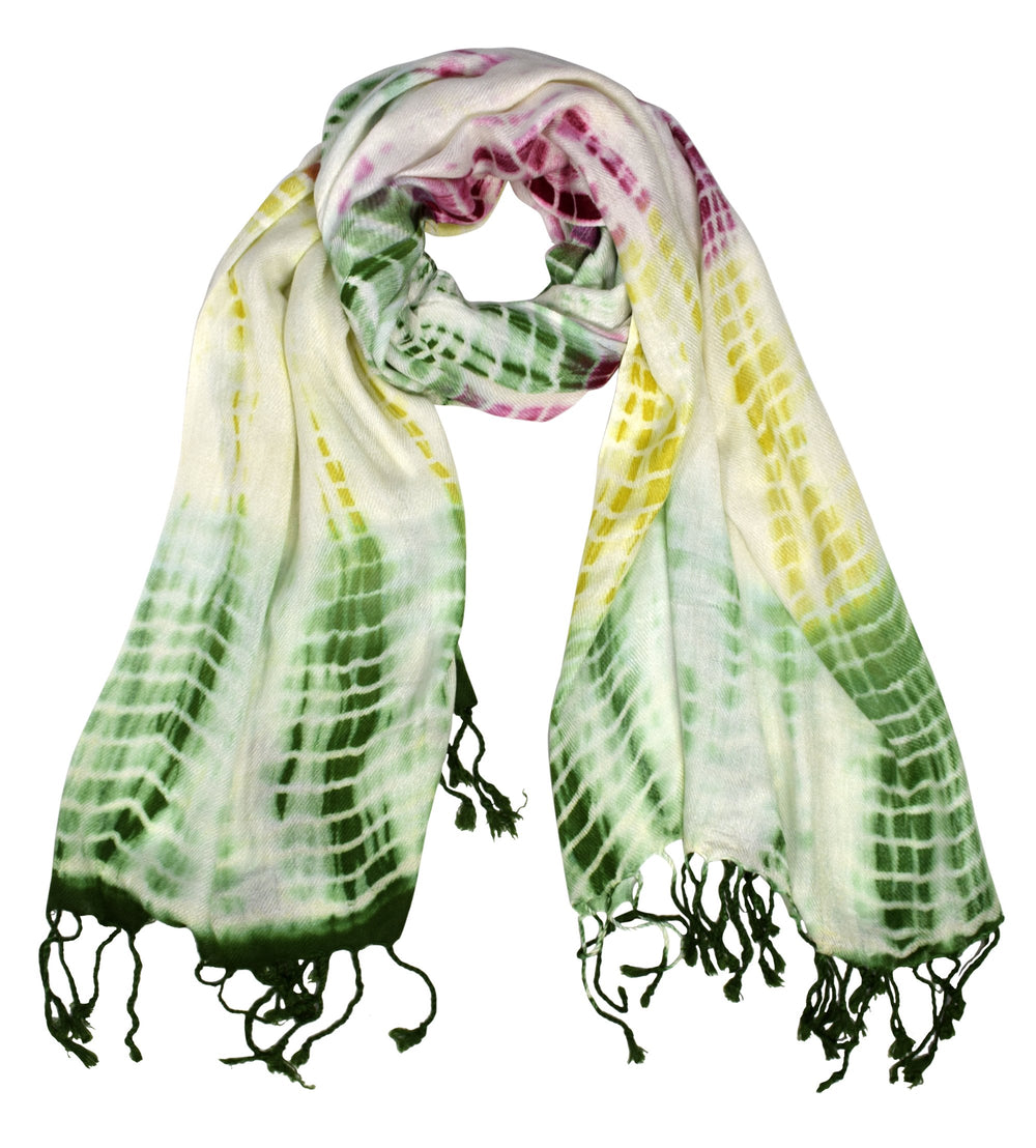 Retro print colorful tie dye pashmina shawl scarf in cream, green, and pink with fringed edges