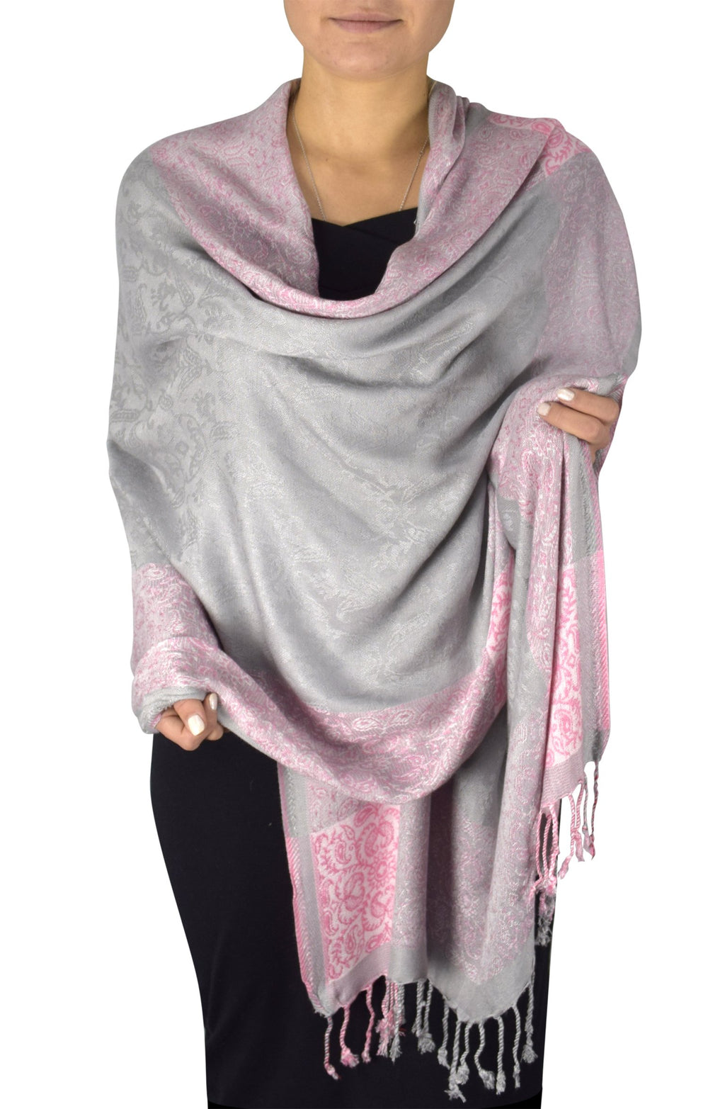Reversible pashmina shawl featuring a pink and grey color palette with an intricate paisley and floral border design.