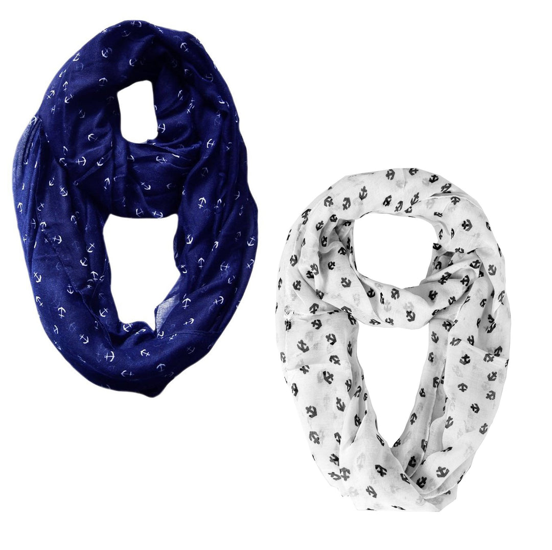 Peach Couture Anchor Print Cute 2 Pack All season Infinity Loop Scarves Navy and White