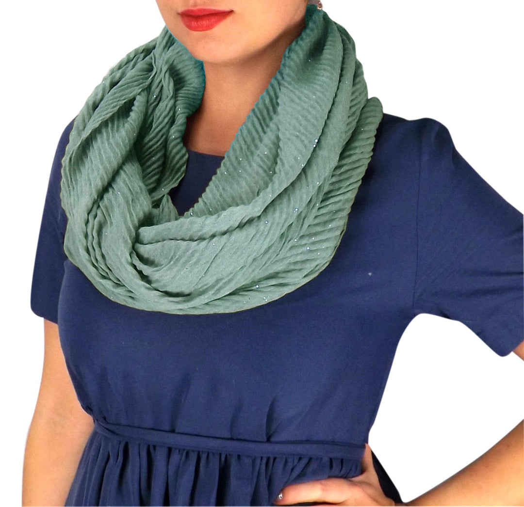 Peach Couture Sheer Sequin Striped Crinkled Pattern Infinity Loop Scarves Green