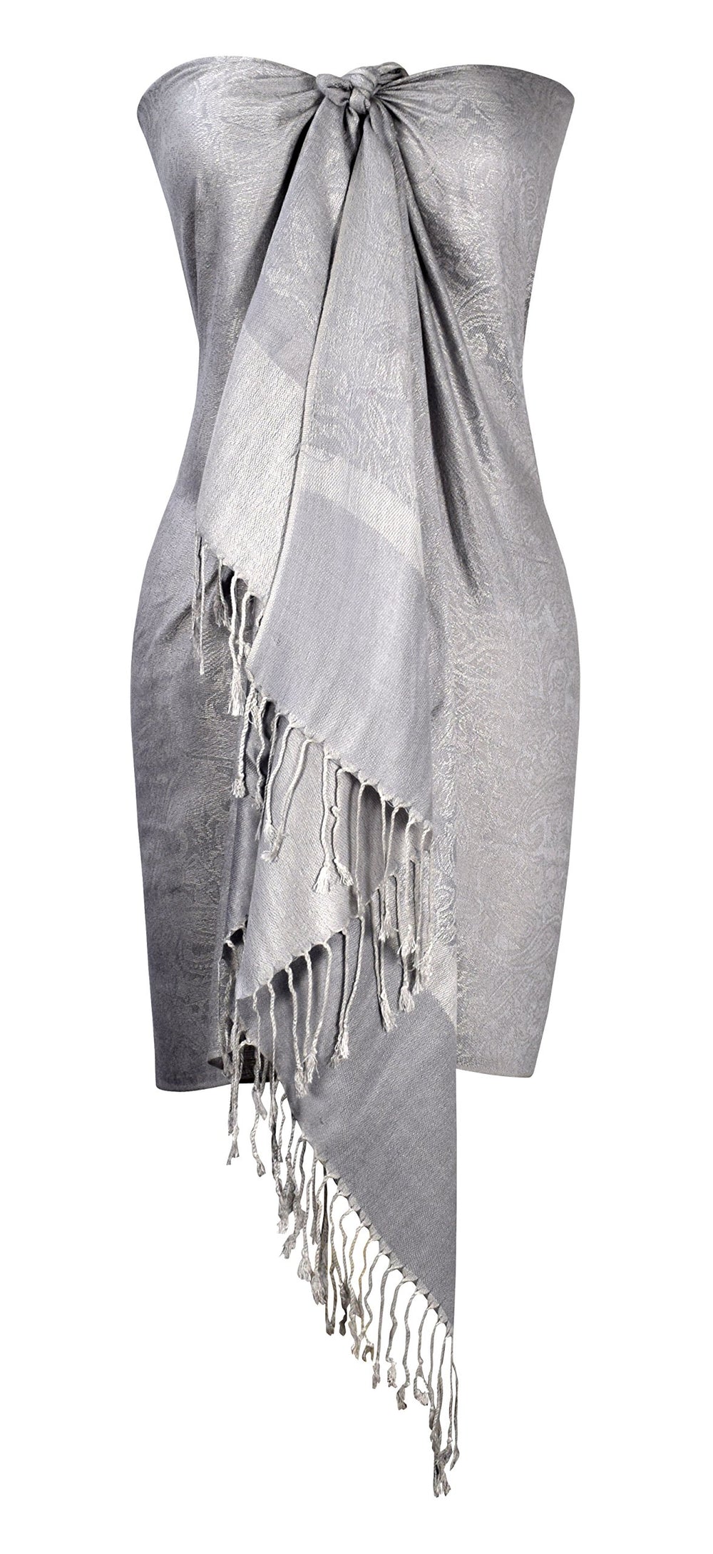 Elegant vintage solid color jacquard paisley shawl wrap in solid silver.