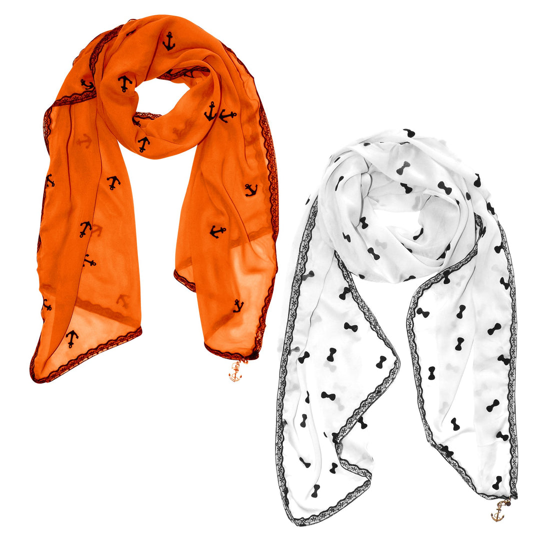 Peach Couture Nautical Anchor/Bow Lace Trim Chiffon Charm Value Pack Scarves (Orange,White)