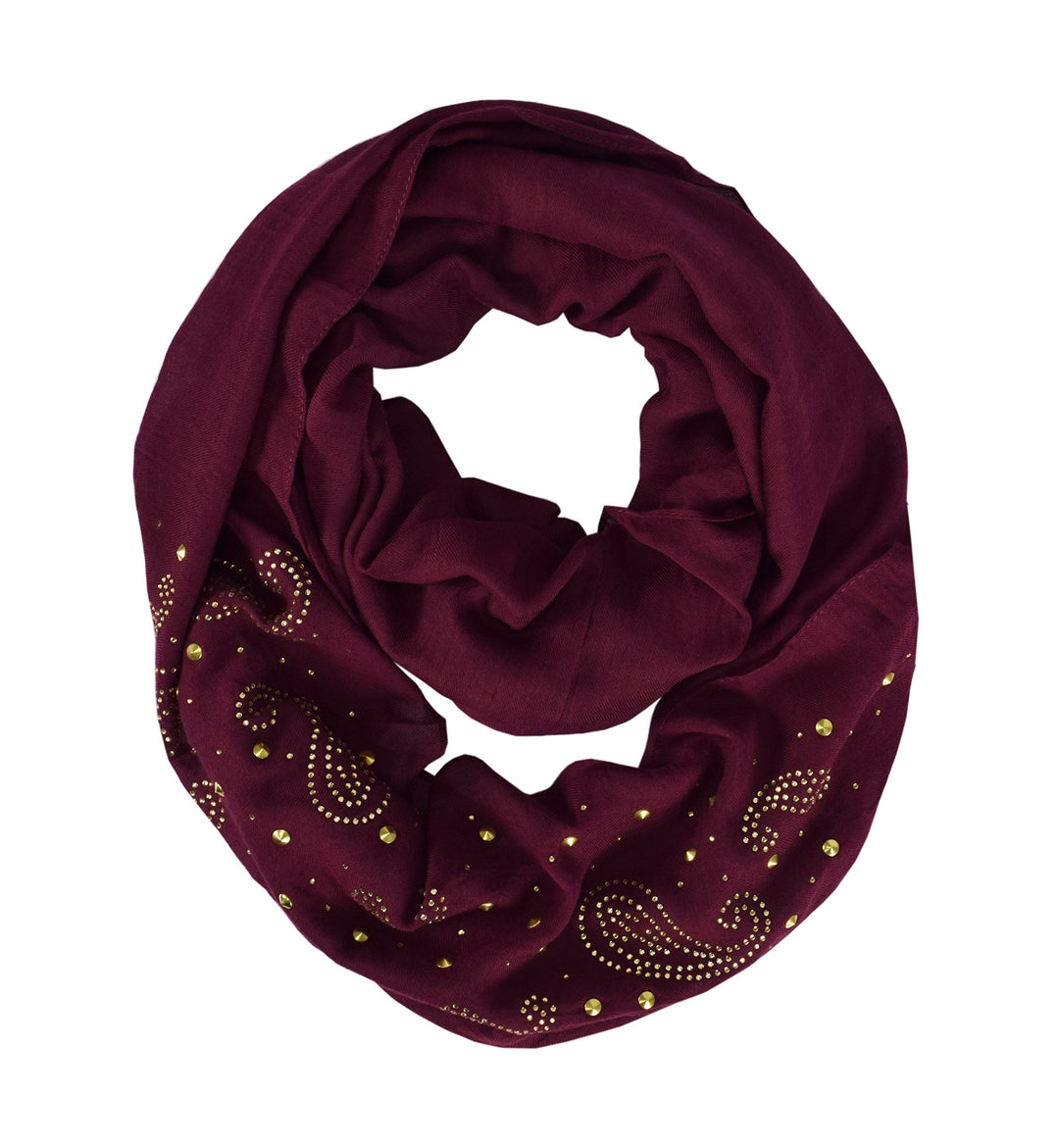 Simple Paisley Embellished Infinity Loop Circle Scarf (Maroon)