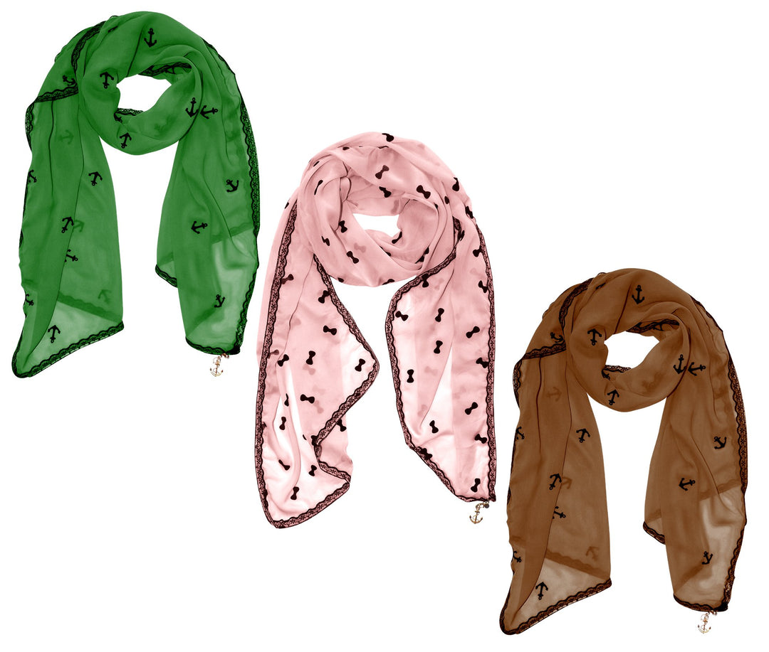 Peach Couture Nautical Anchor/Bow Lace Trim Chiffon Charm Value Pack Scarves (Brown,Light Pink,Green)