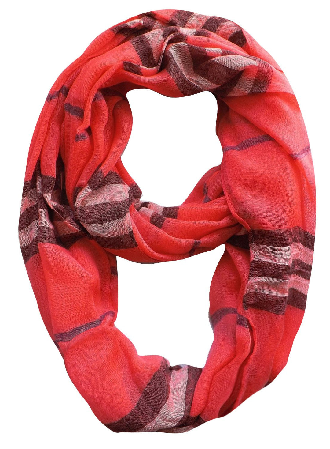 Trendy Striped Print Light and Soft Fashion Infinity Loop Scarf (Coral Stripes)