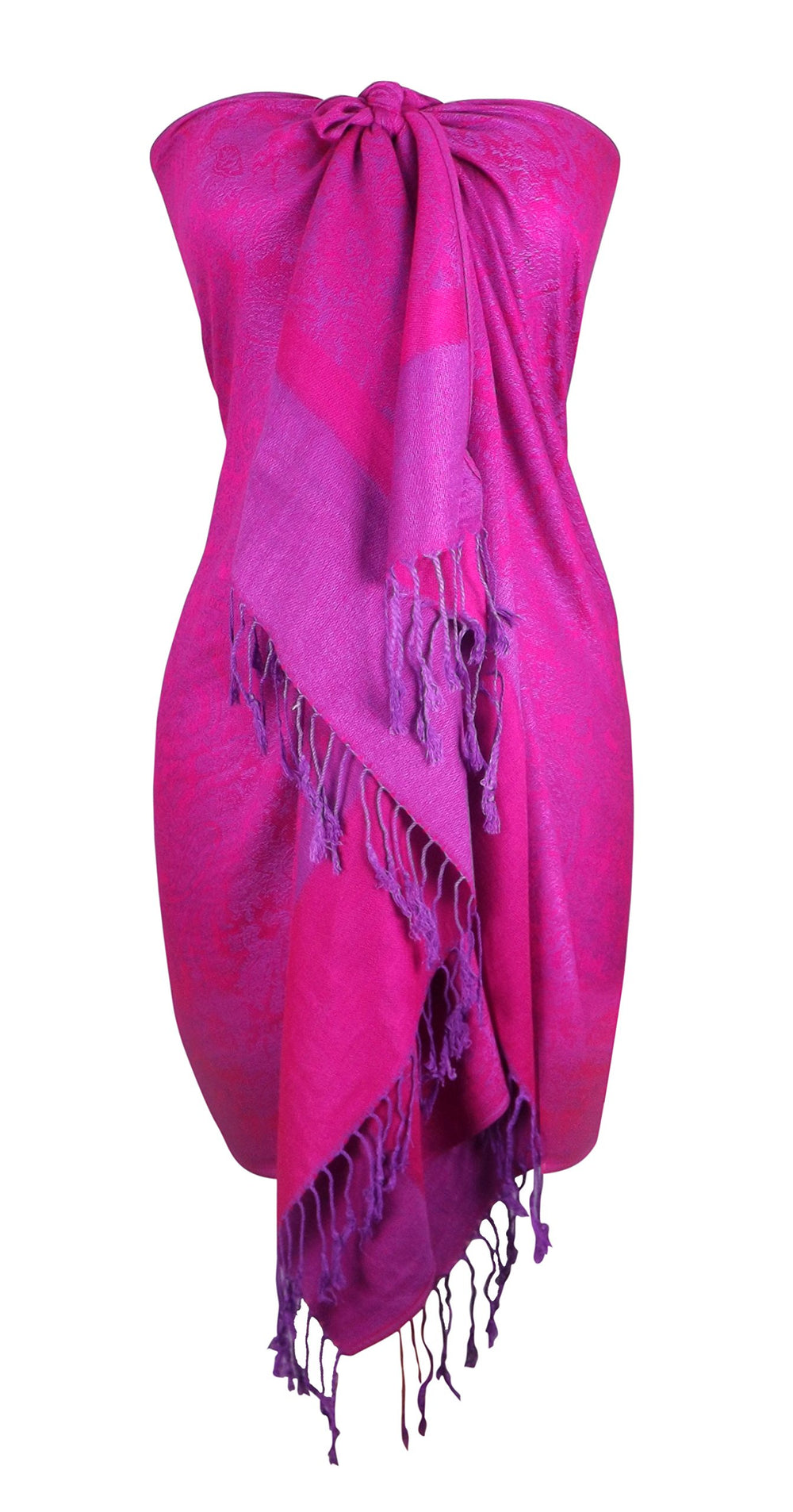 Elegant vintage two color jacquard paisley pashmina shawl wrap in hot pink and purple.