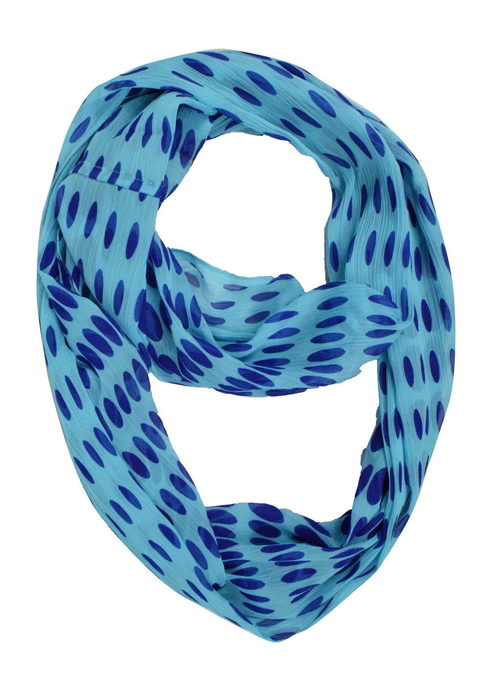 Lightweight and sheer aqua crinkle infinity loop scarf featuring a white polka dot circle print for women.
