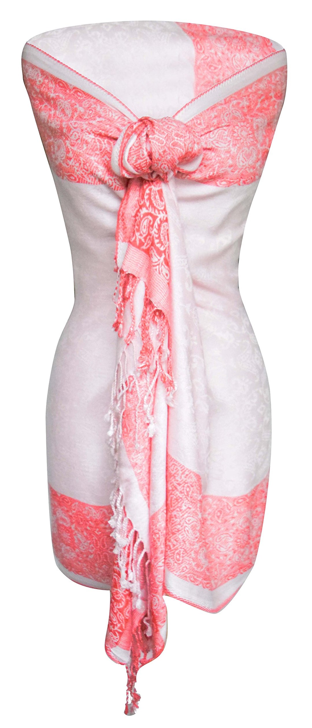 Reversible pashmina wrap shawl featuring a pink and red paisley floral border design.