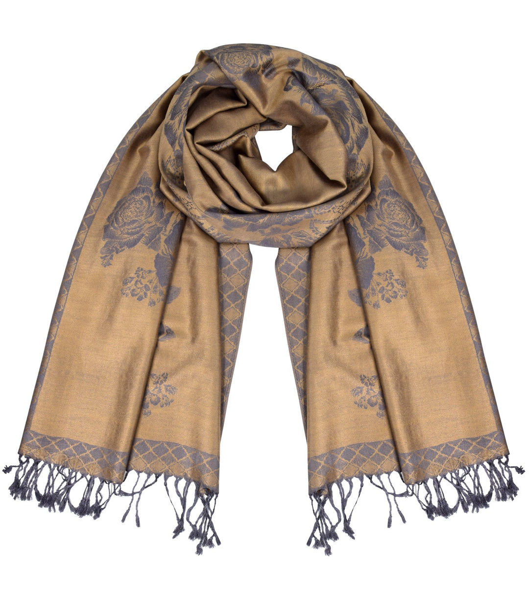 Peach Couture Elegant Floral Pattern Pashmina Wrap Shawl Scarf (B Rose Tan Grey)