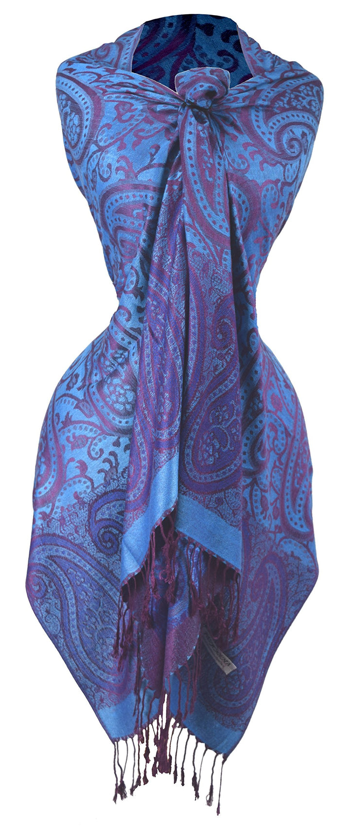 Large pashmina shawl featuring an intricate vintage vine paisley print in blue and plum with fringed ends.