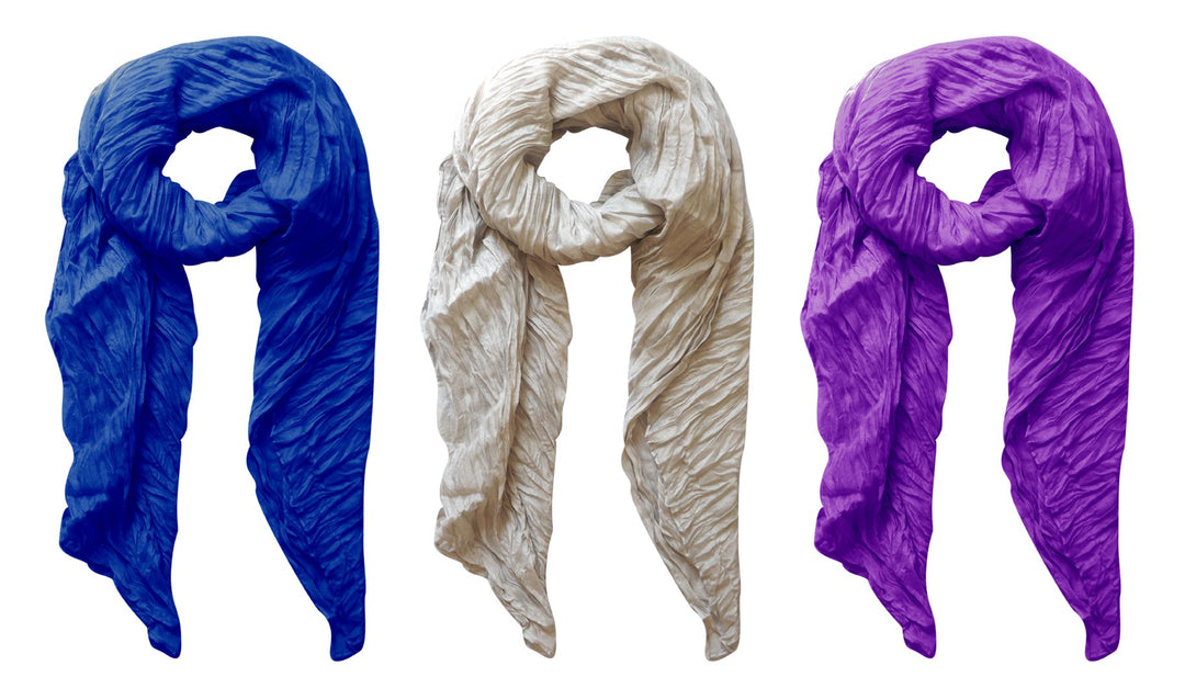 Peach Couture Solid Colorful Soft Crinkled Lightweight Versatile Cover Up Shawl Wrap Scarf 3 Pack Silver Purple Royal Blue