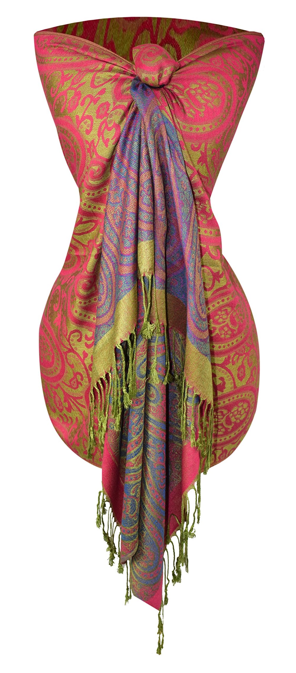 Large vintage pashmina shawl featuring a vine and paisley print in fuchsia and green.