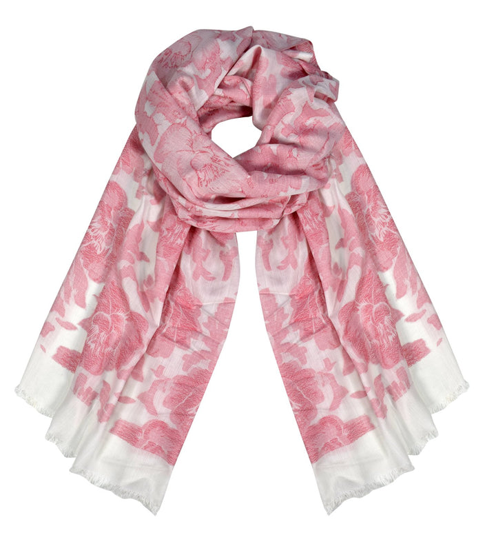 Pink pashmina shawl featuring a vibrant red poppy floral print and an intricate paisley pattern with fringed edges.