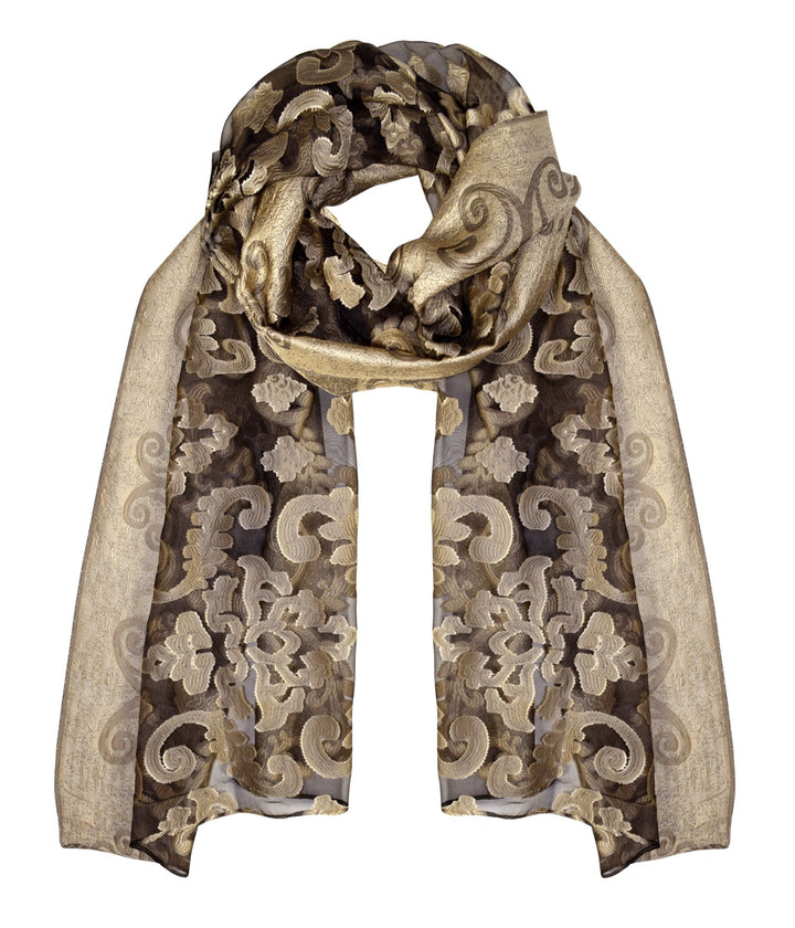 Lightweight black summer scarf featuring gold floral embroidery and burnout patterns with a sheer finish.
