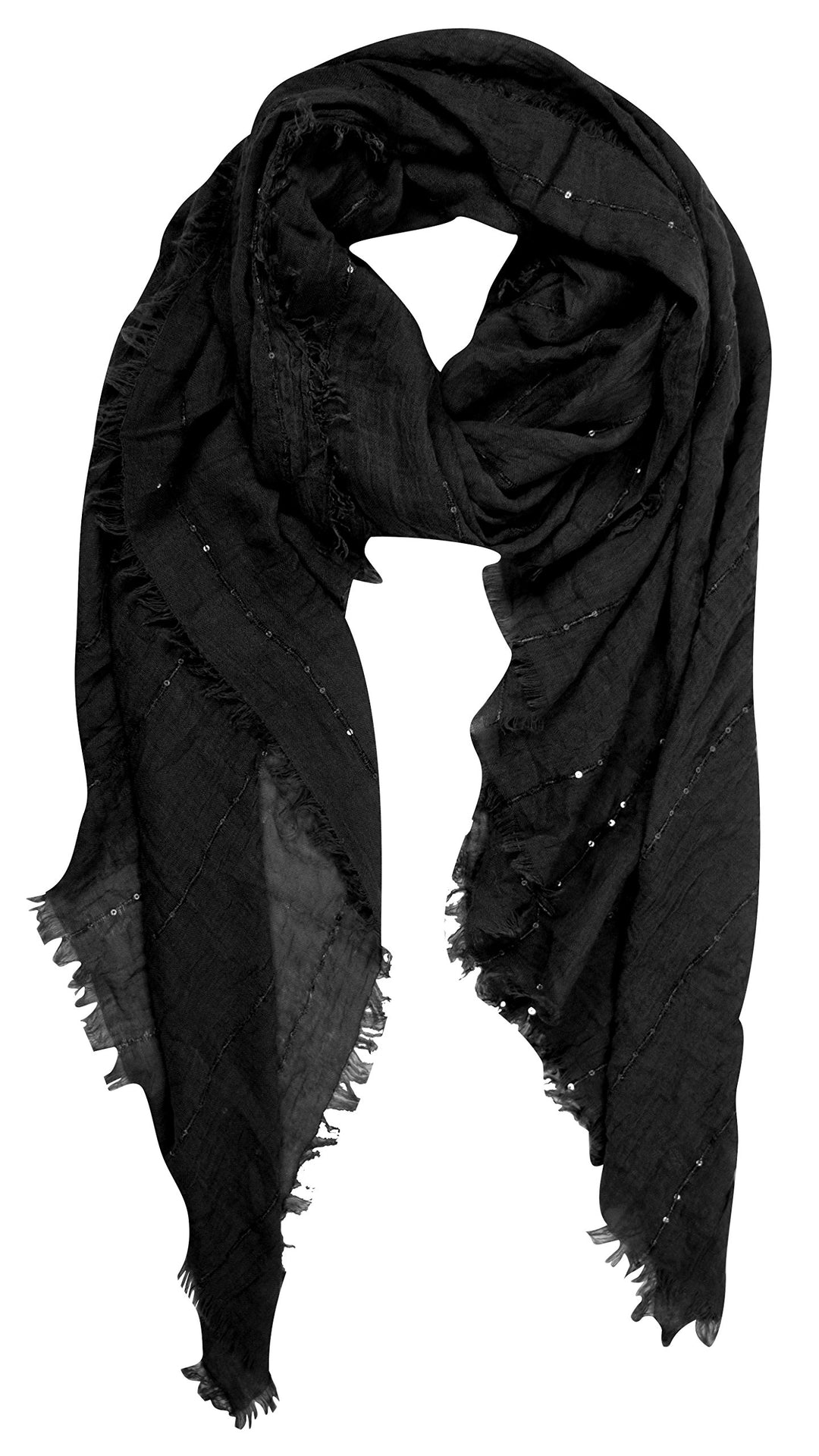 Peach Couture Women’s Sparkle Sequin Bohemian Sheer Woven Knit Fringe Scarf (Black)