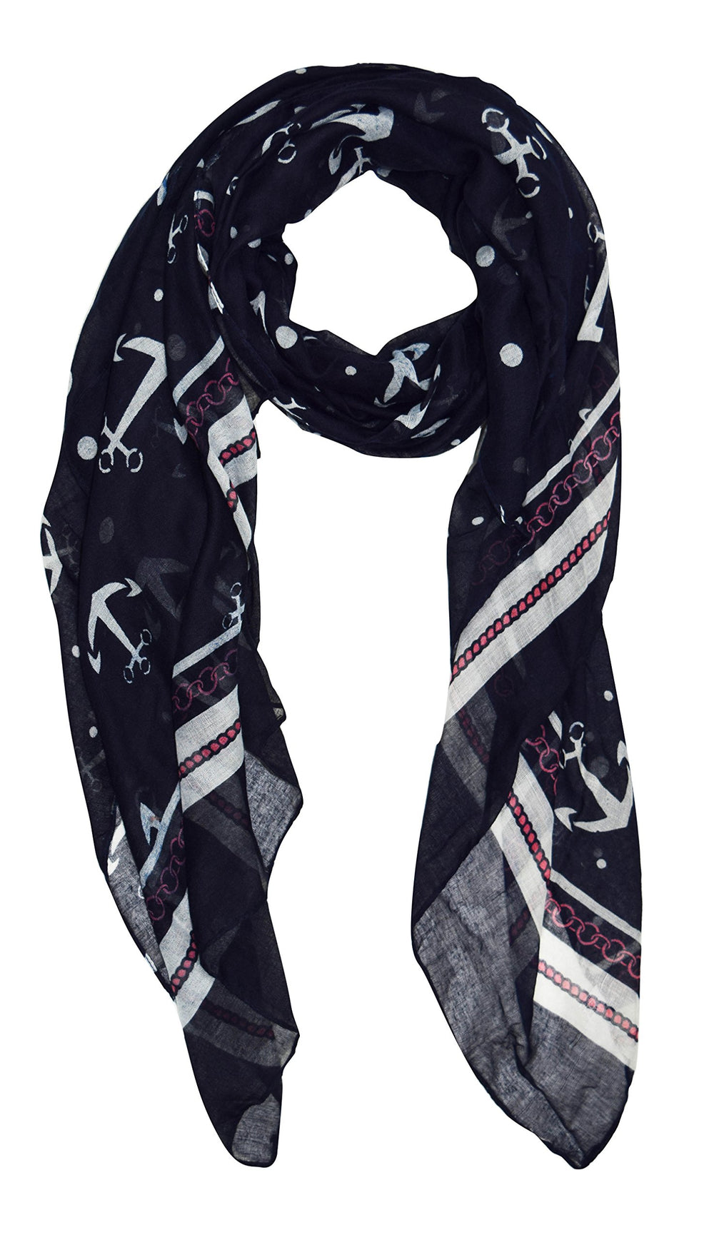 Navy blue and white sheer nautical scarf featuring a sailor anchor and polka dot print with a chain border.