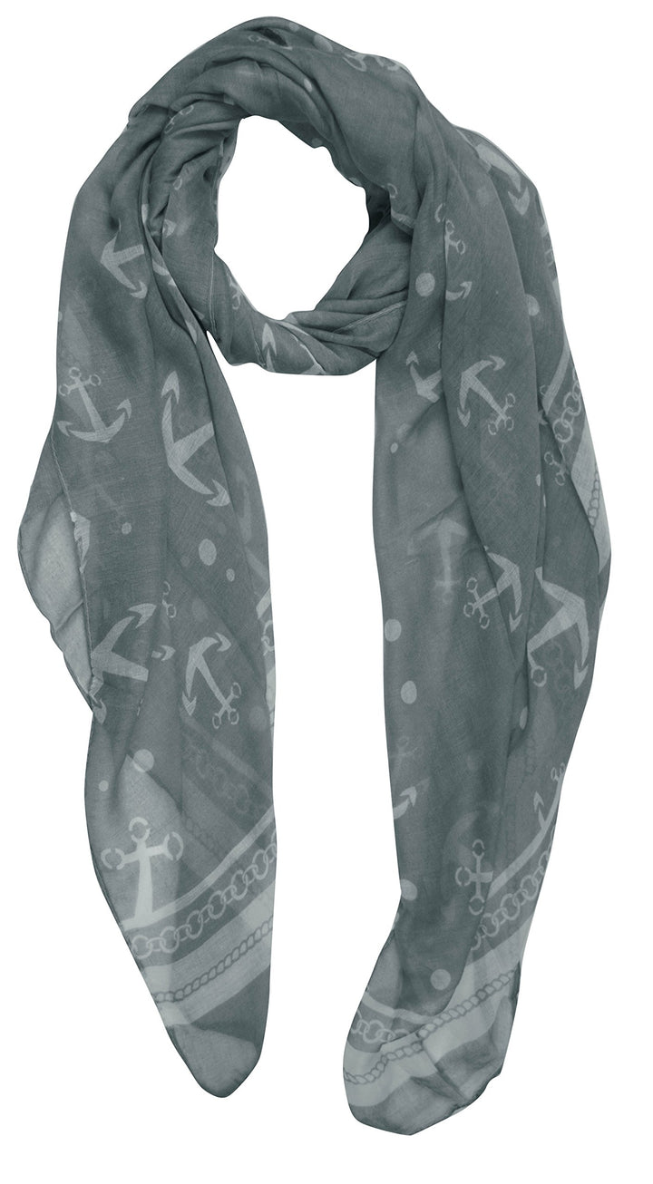 Lightweight grey sheer scarf with a chain border, nautical anchor, and sailor polka dot print.
