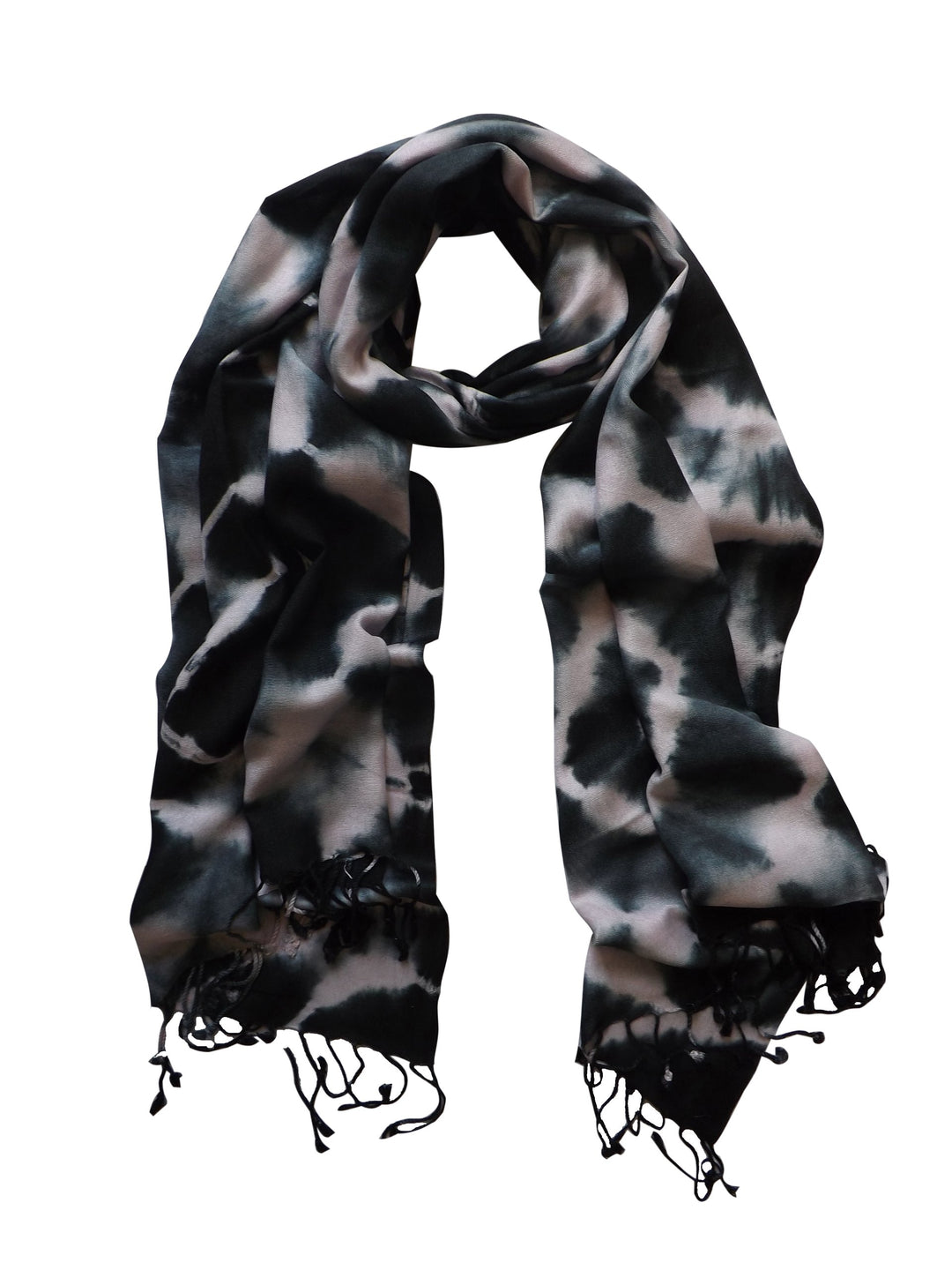 Faded tie dye pashmina shawl in black and baby pink with soft fringe edges