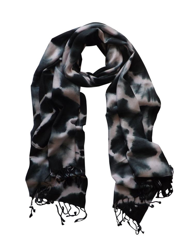 Faded tie dye pashmina shawl in black and baby pink with soft fringe edges