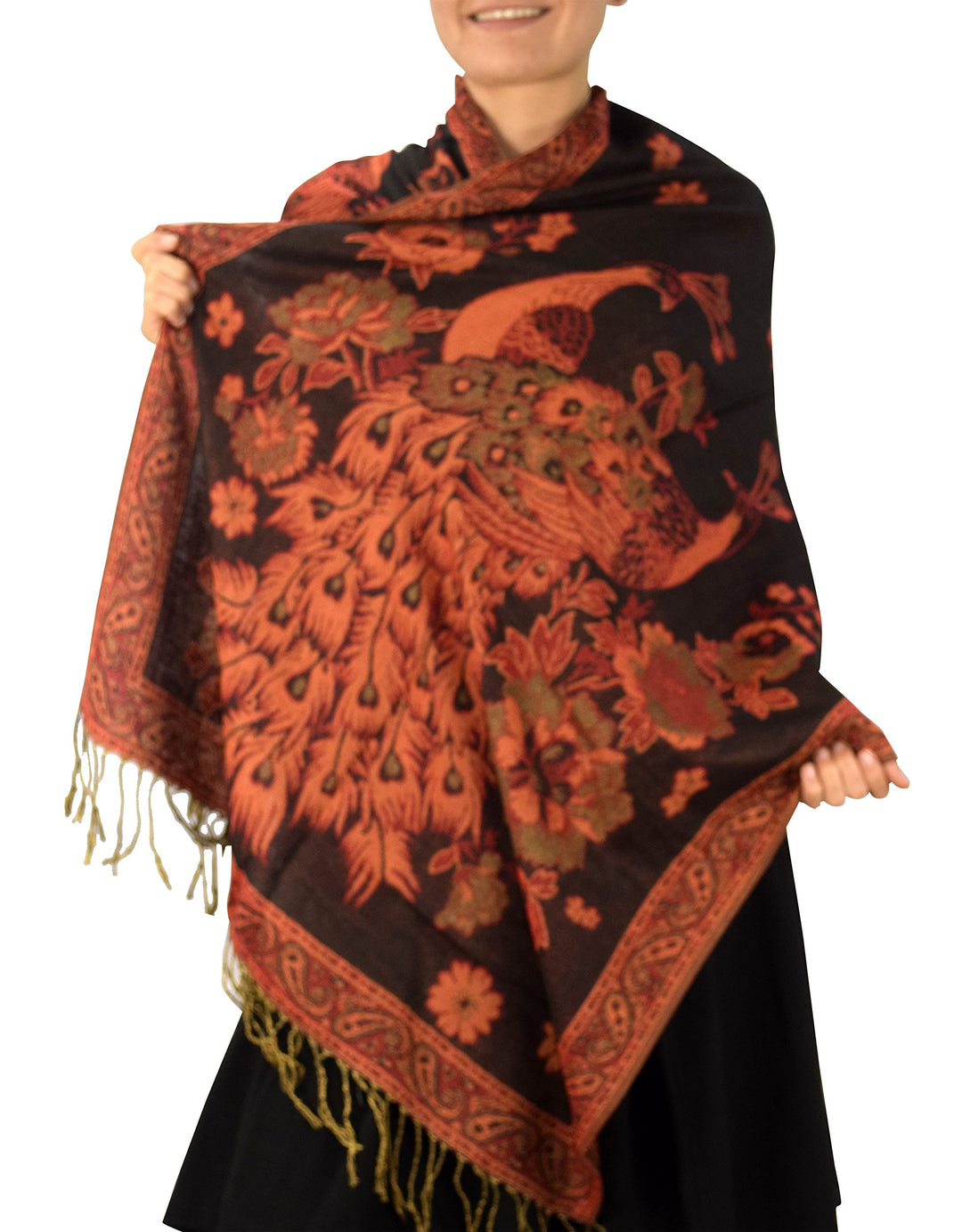 Peach Couture Floral Peacock Reversible Shimmer Layered Pashmina Wrap Shawl Scarf Black