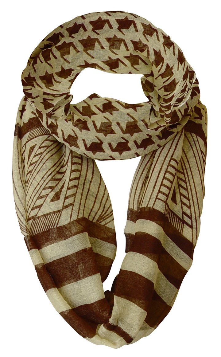 Light Tribal and Striped Houndstooth Sheer Infinity Loop Scarf (Brown and Tan)