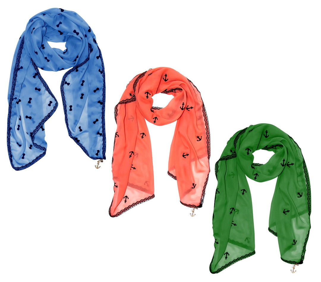 Peach Couture Nautical Anchor/Bow Lace Trim Chiffon Charm Value Pack Scarves (Sky Blue,Coral,Green)