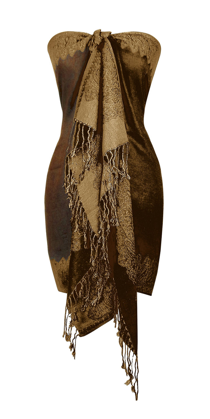 Elegant reversible pashmina shawl featuring a chocolate and tan jacquard paisley pattern with fringe edges.