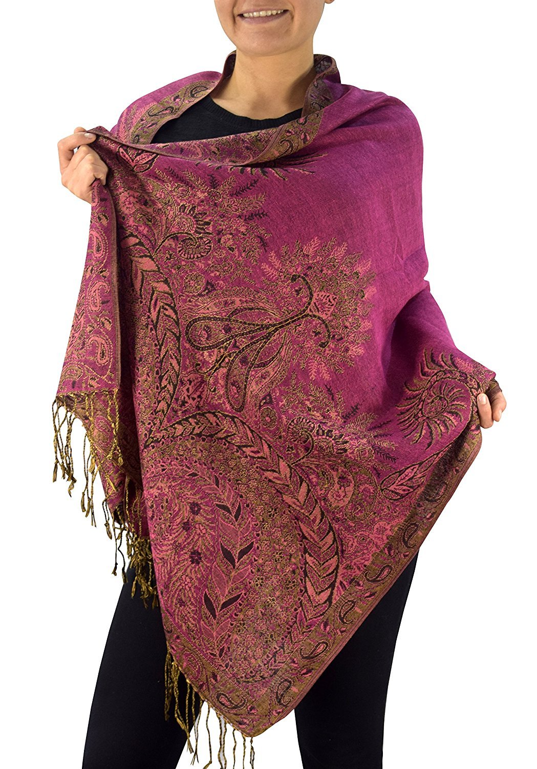 Peach Couture 27x72 Elegant Paisley Border Pattern Pashmina Shawl Scarf (Fuchsia)