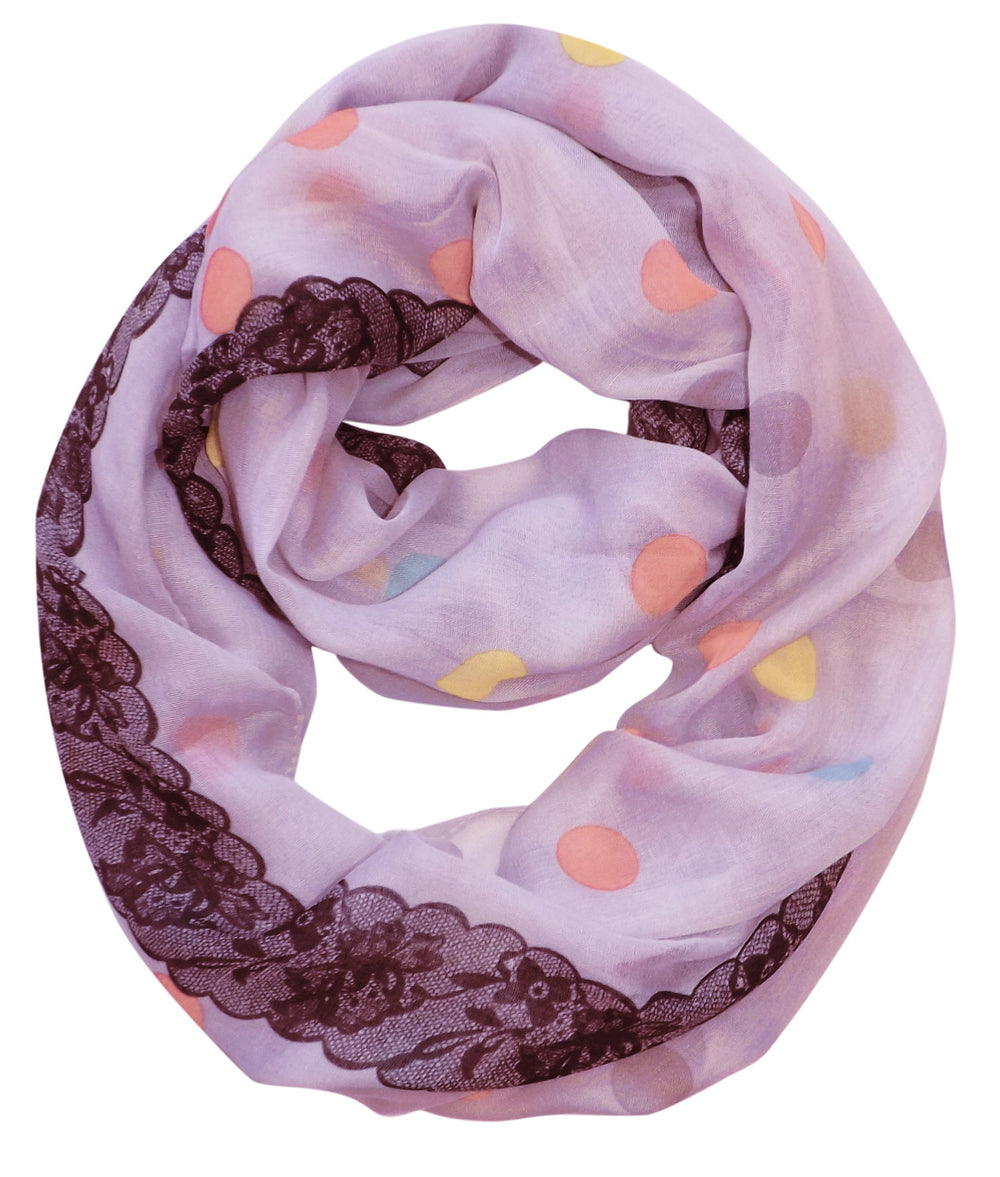 Lavender polka dot and floral graphic print infinity loop scarf for women.