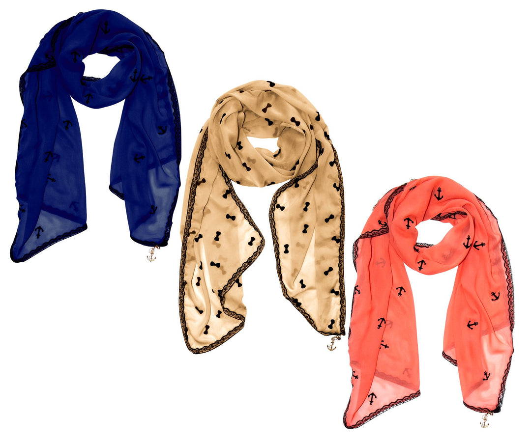 Peach Couture Nautical Anchor/Bow Lace Trim Chiffon Charm Value Pack Scarves (Coral,Taupe,Royal Blue)