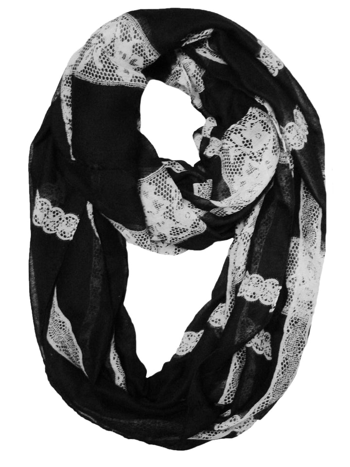 Vintage Charming Lace Floral Print Infinity Loop Scarf (Black)