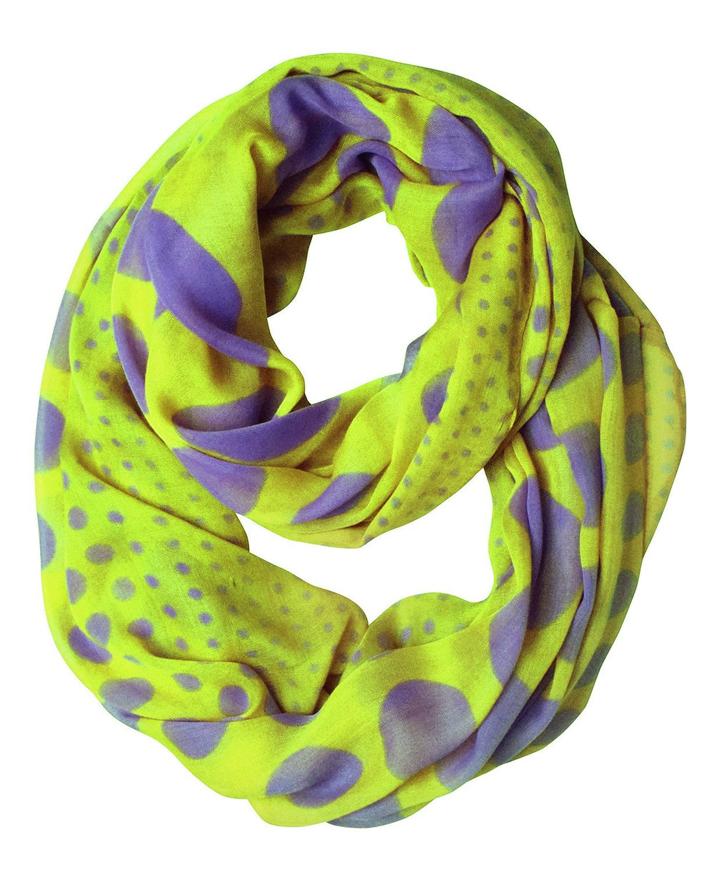 Vintage multicolored classic bright polka dot infinity loop scarf in lime and purple.