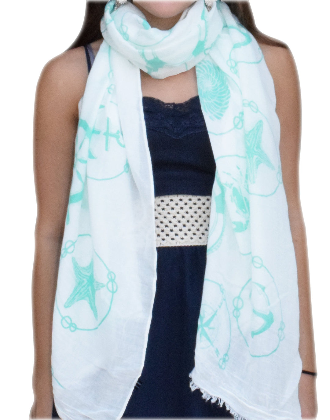 Peach Couture All Season's Nautical Shell Seahorse design Light Fringe Shawl Scarf Mint Circle