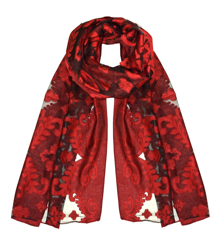 Lightweight floral embroidered burnout scarf in red and black with elegant patterns and fringe detail
