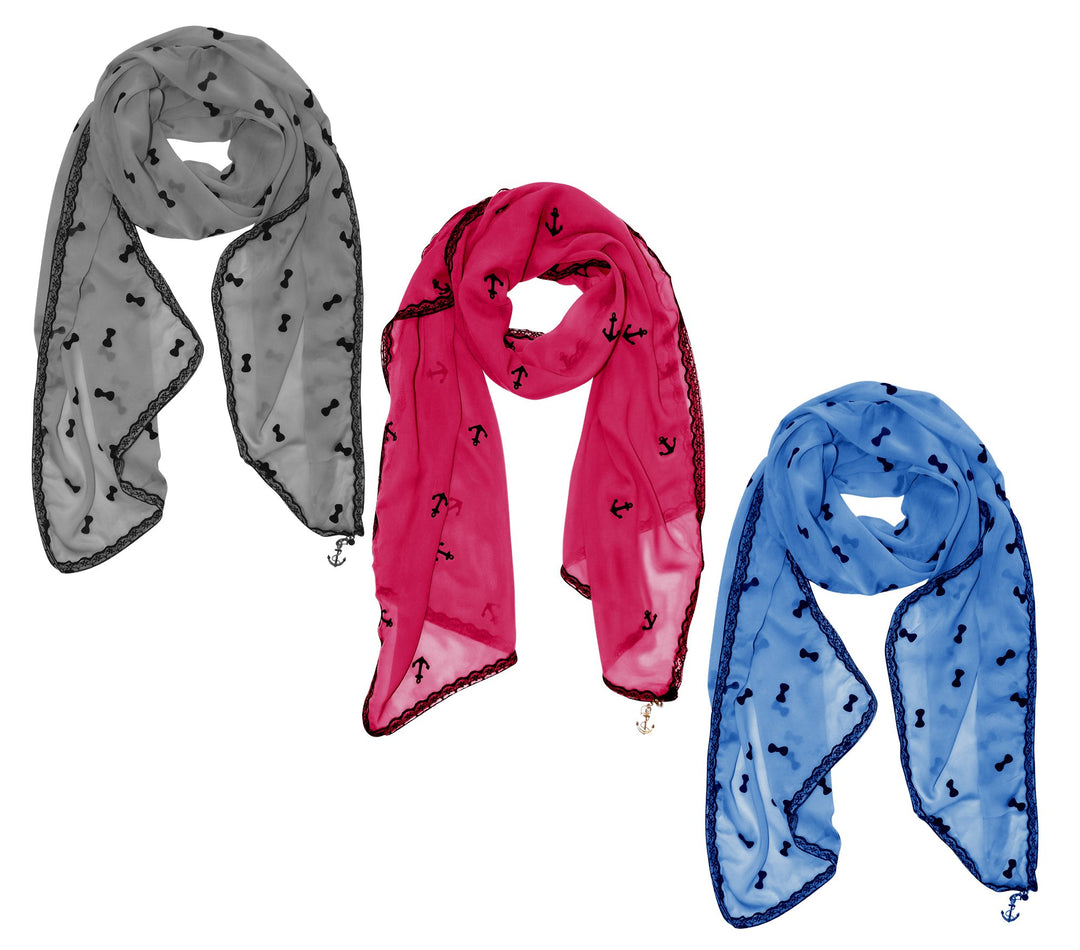 Peach Couture Nautical Anchor/Bow Lace Trim Chiffon Charm Value Pack Scarves (Fuchsia,Grey,Sky Blue)