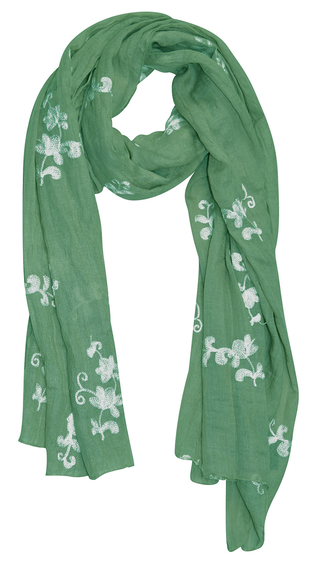 Lightweight mint summer shawl scarf with intricate floral pansy embroidery and fringed edges