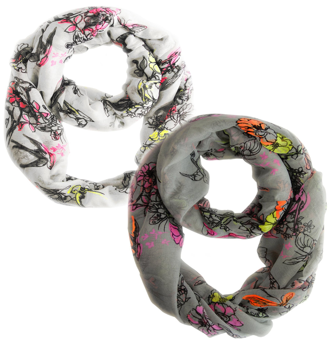 Peach Couture Paint The Town Red Cherry Blossom Floral Print Infinity loop Scarves 2 Pack Bright White & Bright Grey