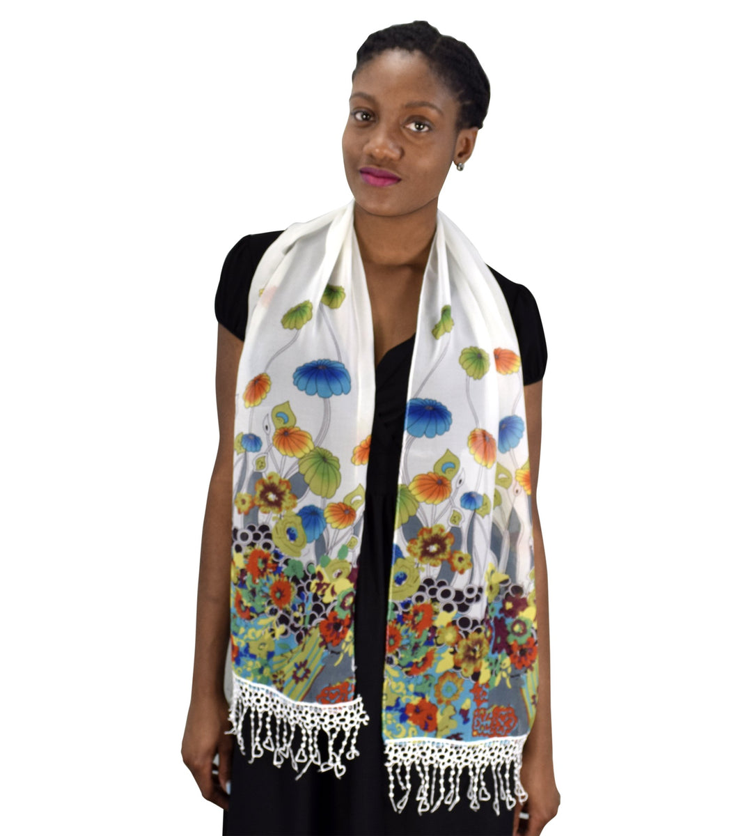 Peach Couture Summer Fashion Womens Sheer Floral Stole Tasseled Skinny Scarf Grey