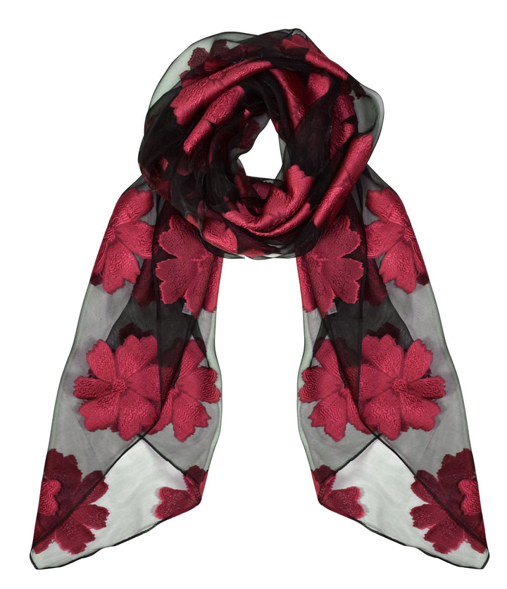 Lightweight summer fashion scarf with floral embroidery and burnout design in black and red