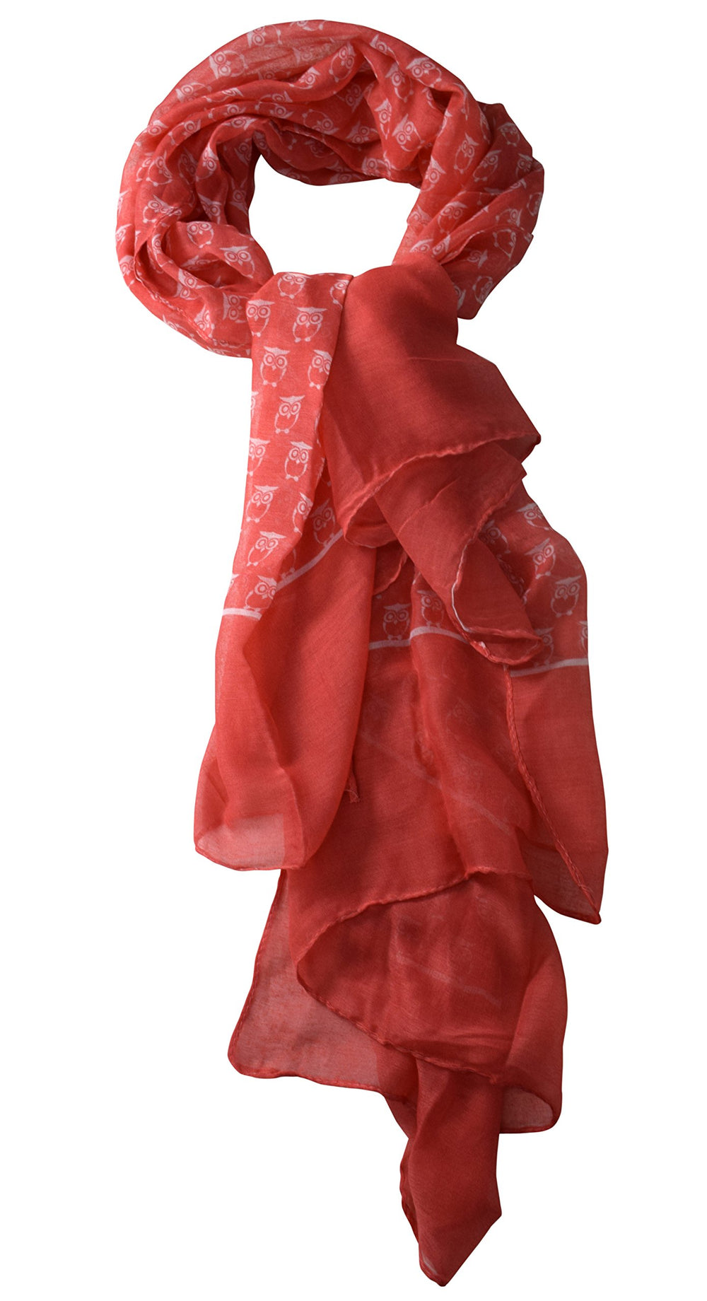 Lightweight sheer animal owl print scarf shawl in coral pink for all season wear