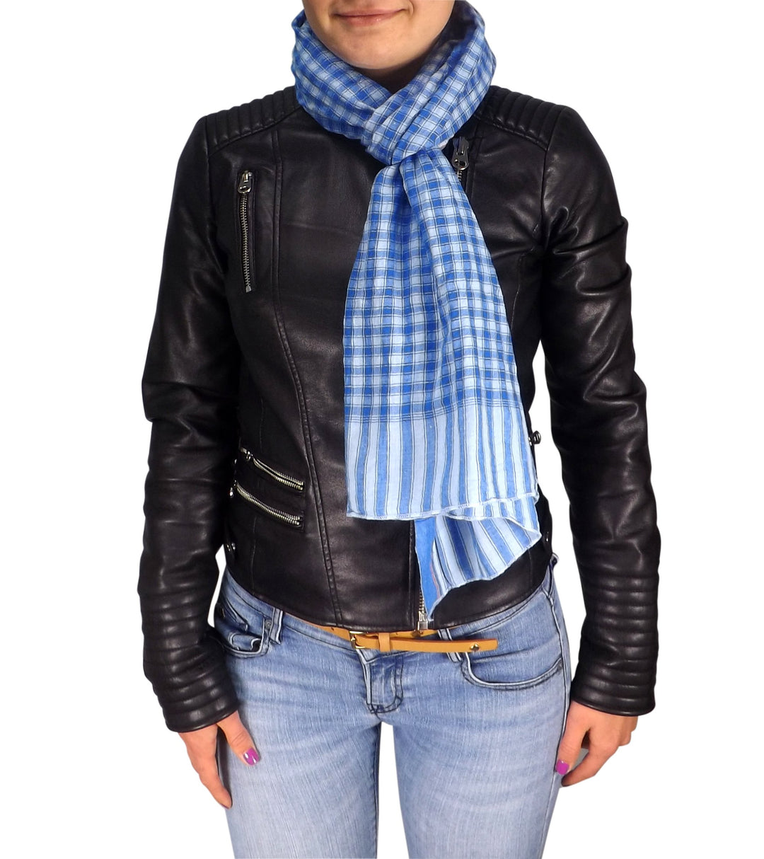 Peach Couture Unisex Stylish Checkered Plaid Crinkled All Season Cotton Scarf Wrap (Blue)