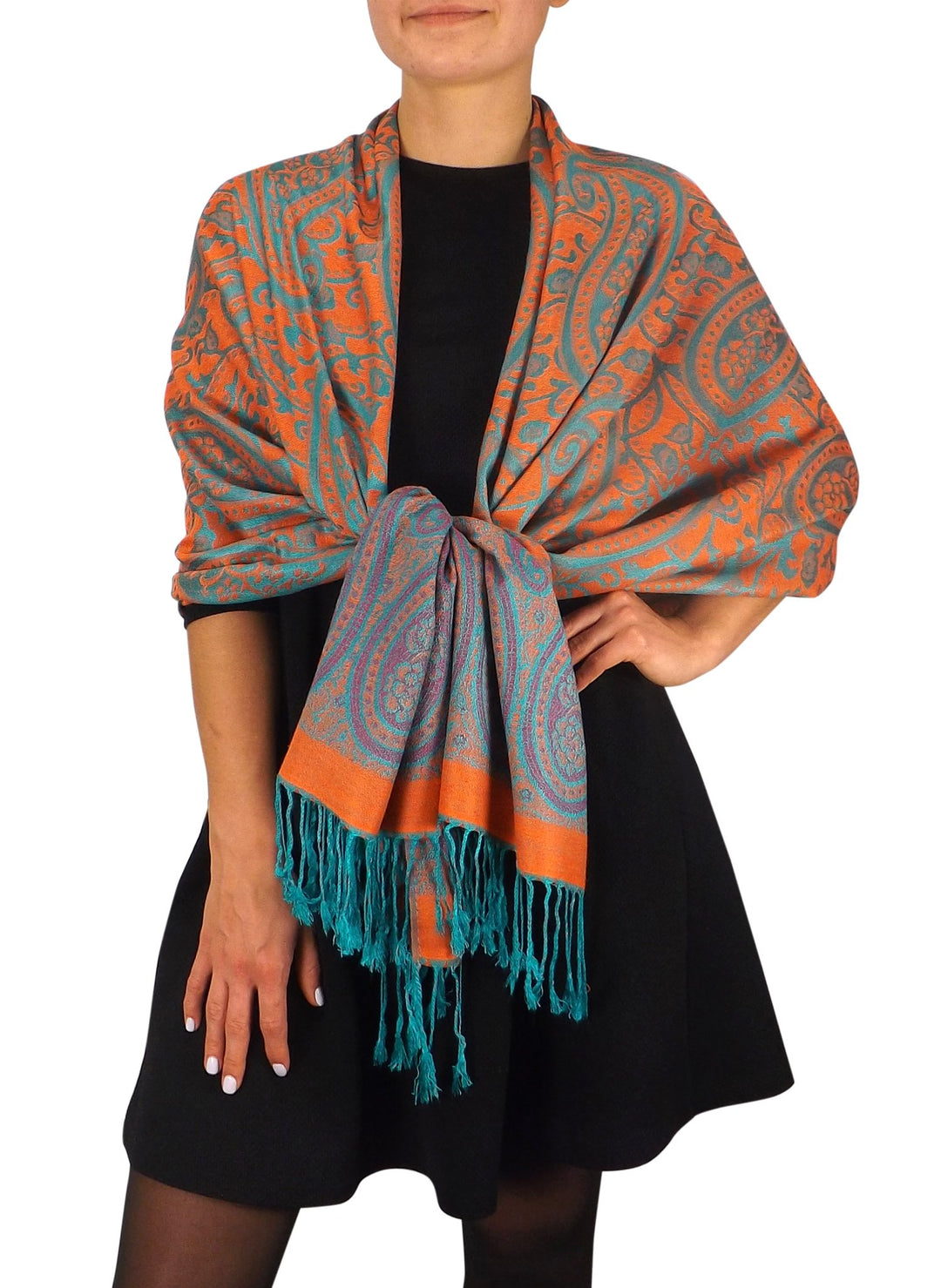 Peach Couture Large Vintage Vine Paisley Printed Solid Pashmina Shawl Scarf Orange Turquoise