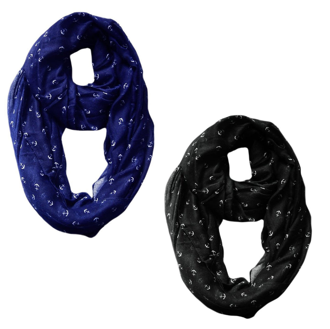 Peach Couture Anchor Print Cute 2 Pack All season Infinity Loop Scarves Navy and Black