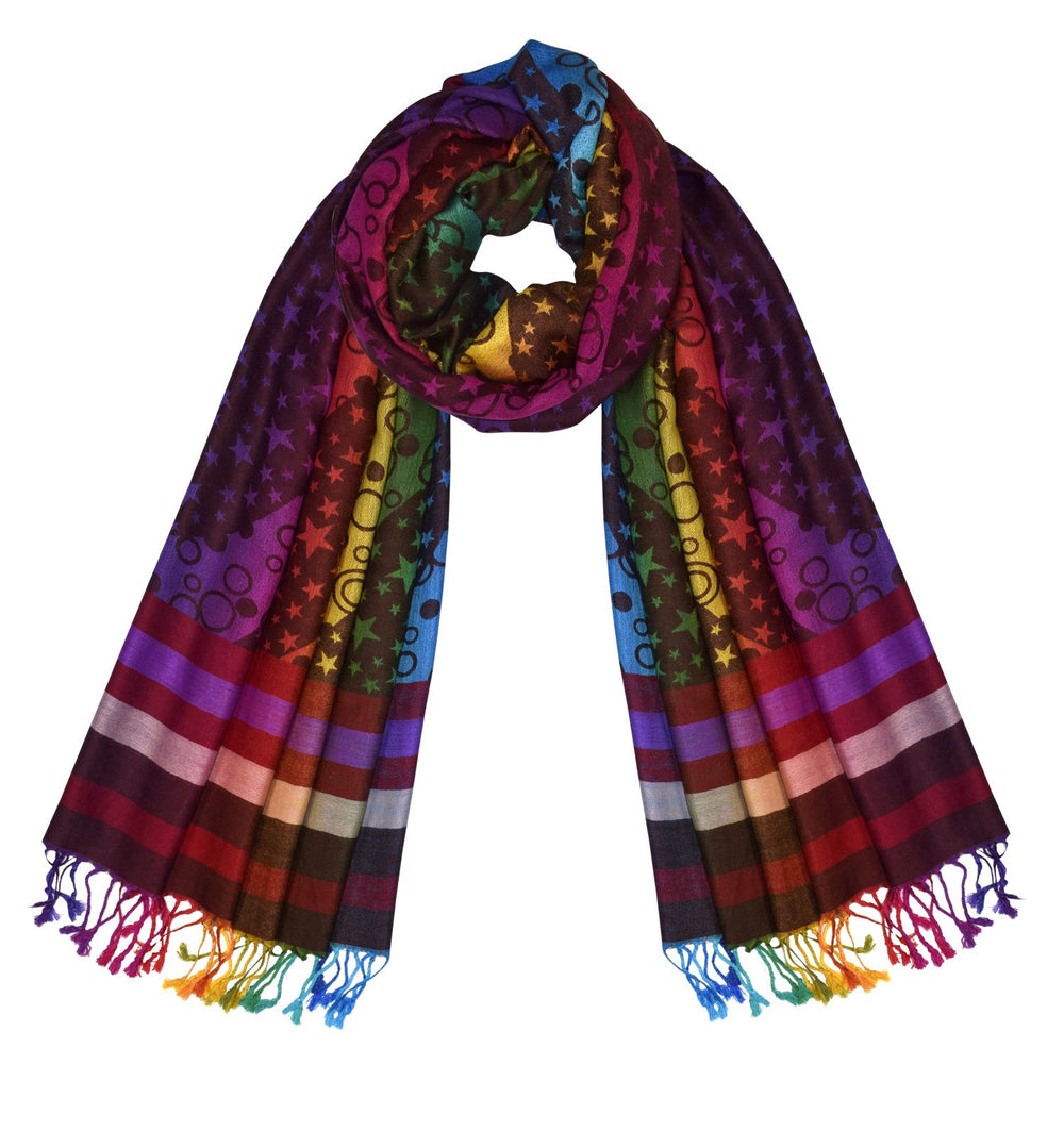 Rainbow silky tropical pashmina wrap shawl with a vibrant multi-colored gradient and fringed edges.