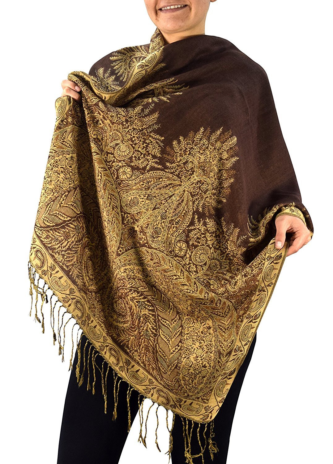 Peach Couture 27x72 Elegant Paisley Border Pattern Pashmina Shawl Scarf (Brown)