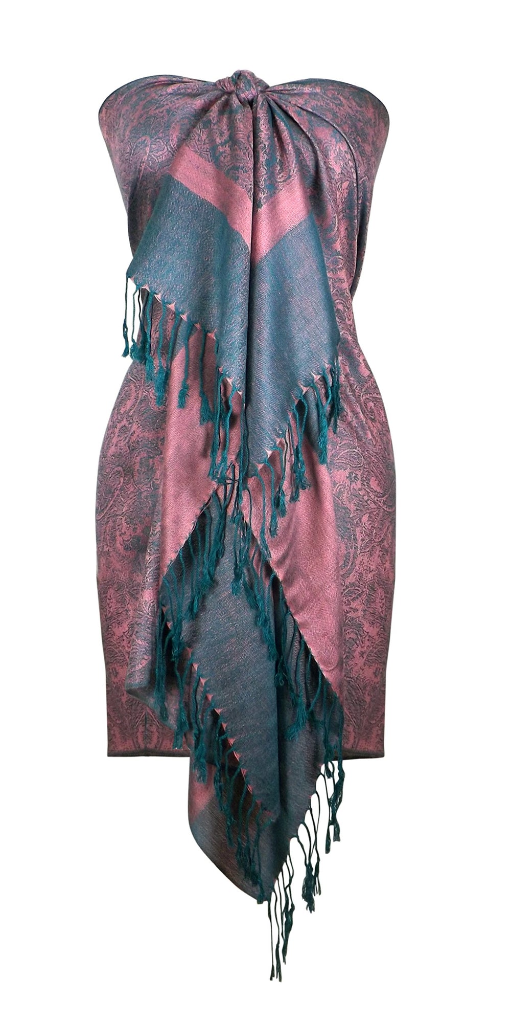 Elegant vintage two color jacquard paisley pashmina shawl wrap in dust pink and teal.