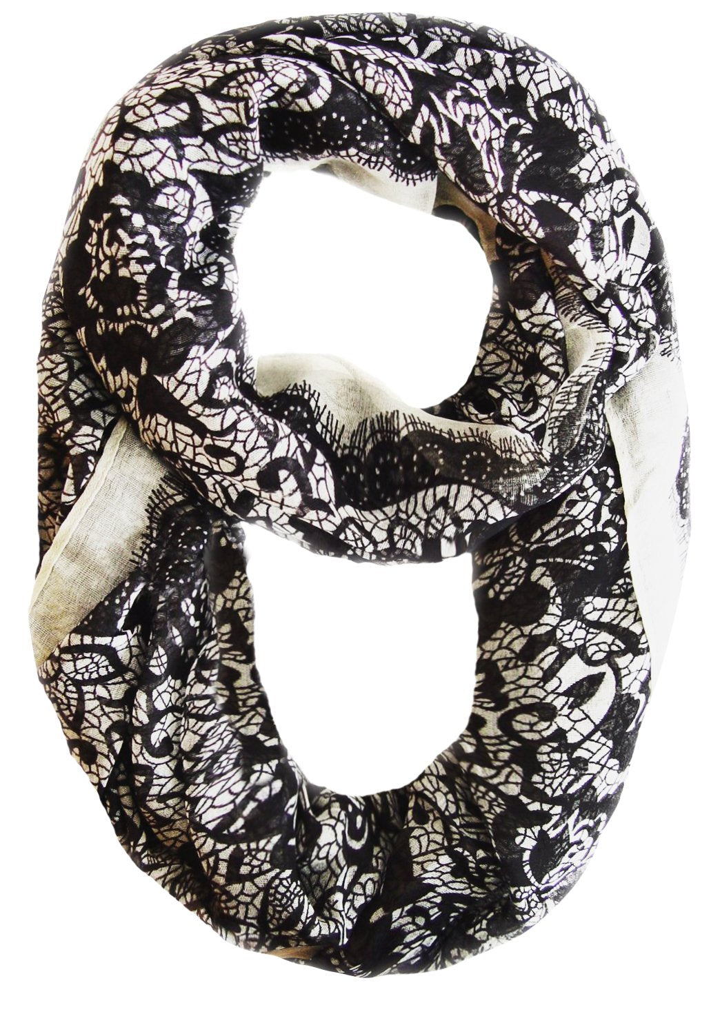 Beautiful Tropical Hawaiian Hibiscus Flower and Lace Design Infinity Loop Scarf (Black-White)