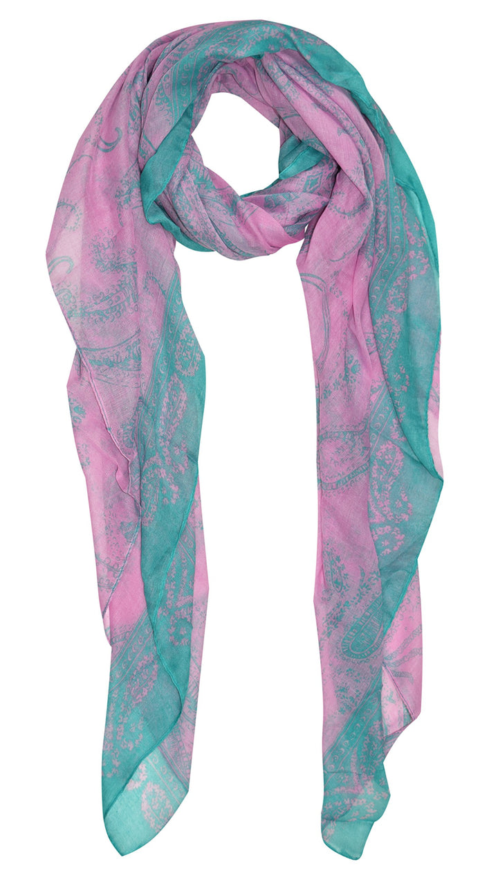 Women’s Pink Teal Paisley Sheer Scarf with Solid Border