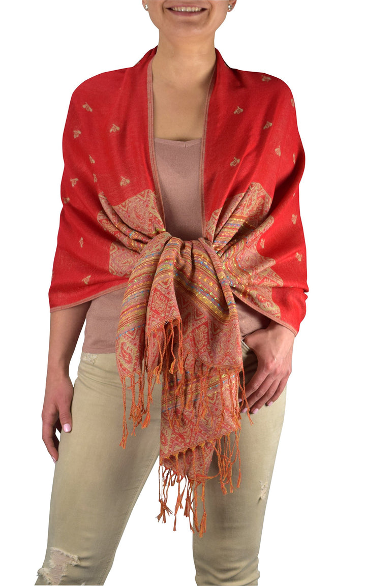 Red bohemian pashmina shawl with reversible ethnic tribal border design.